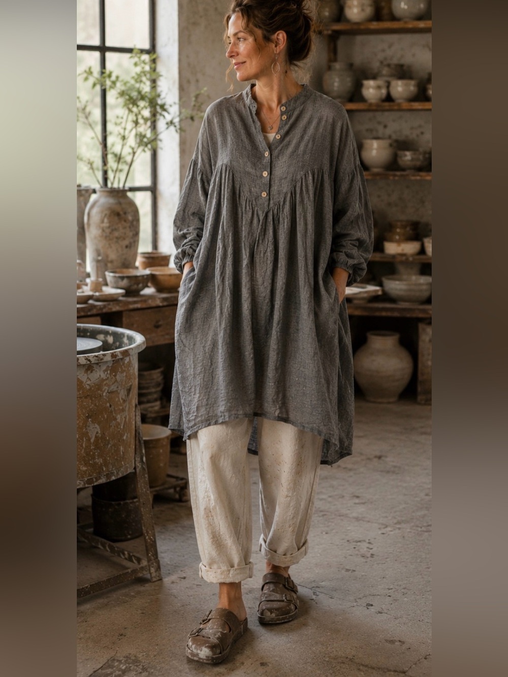 Yuvita 100% Linen Lagenlook Tunic Dress Gray brown Oversized Wood Button Boho S